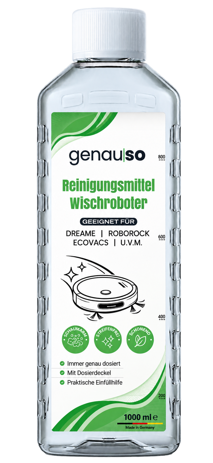 genauso Bodenreiniger, 1-Liter-Flasche mit Dosierdeckel und grünem Etikett